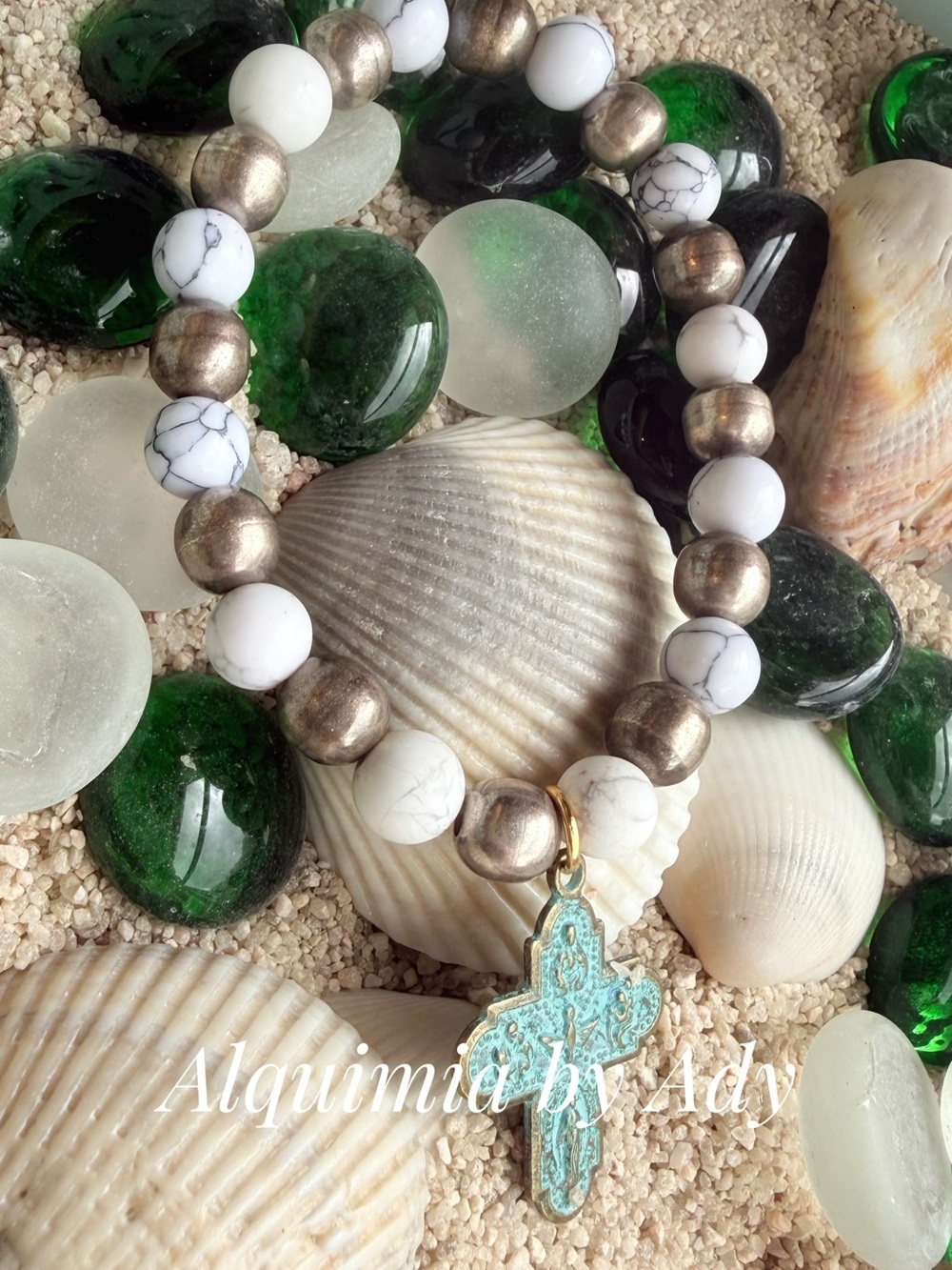 Summer White Howlite and Metallic Bead Bracelet with Turquoise-Patina Cross